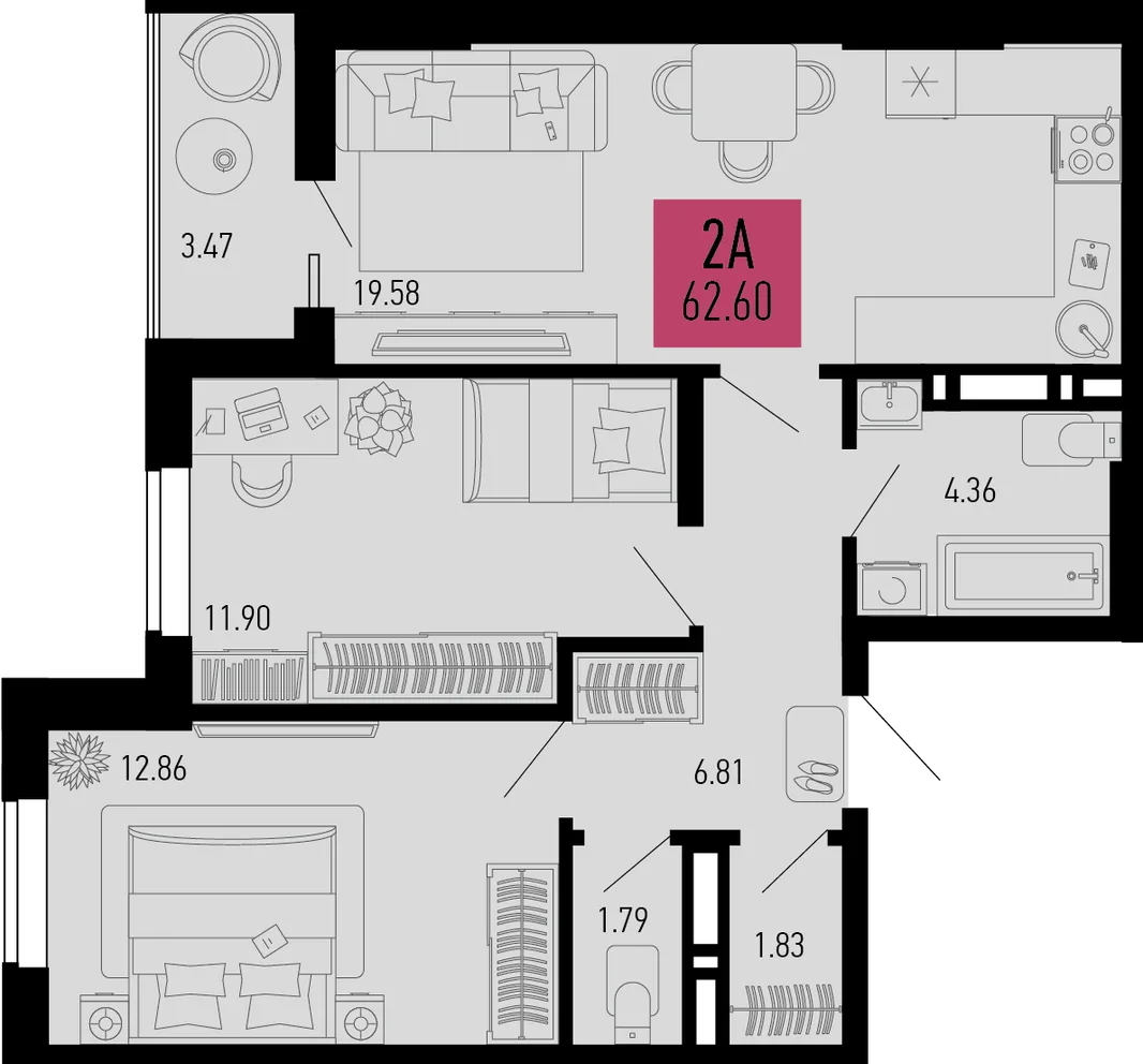Планировка 2-комн. квартира, 62.6 м² ЖК «Столицыно»