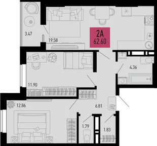 Планировка 2-комн. квартира, 62.6 м² ЖК «Столицыно»