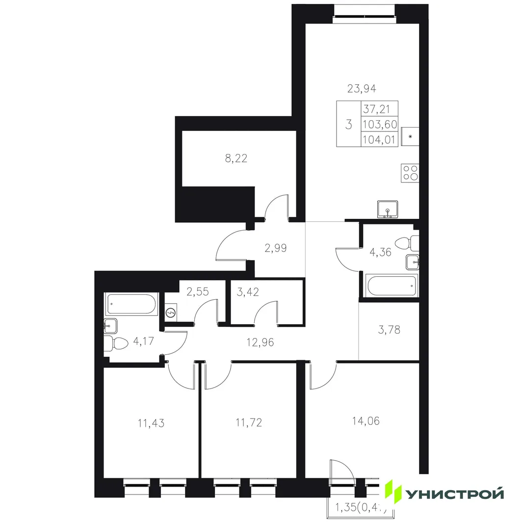 Планировка 3-комн. квартира, 104.01 м² ЖК «Statum»
