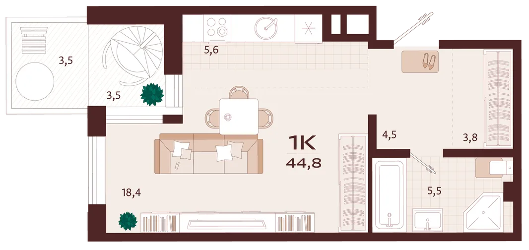Планировка 1-комн. квартира, 44.8 м² ЖК «Роялта»