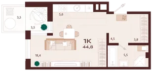 Планировка 1-комн. квартира, 44.8 м² ЖК «Роялта»