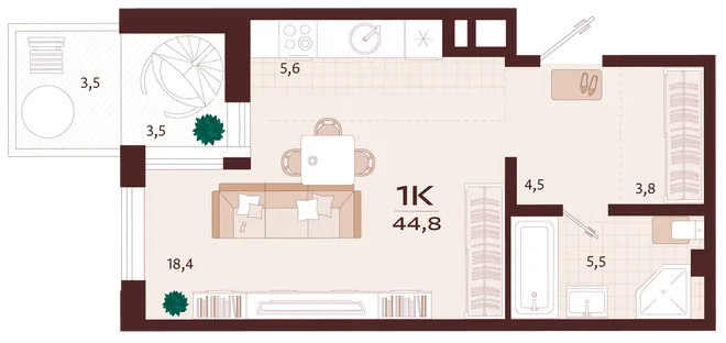 Планировка 1-комн. квартира, 44.8 м² ЖК «Роялта» Планировка 1-комн. квартира, 44.8 м² ЖК «Роялта»