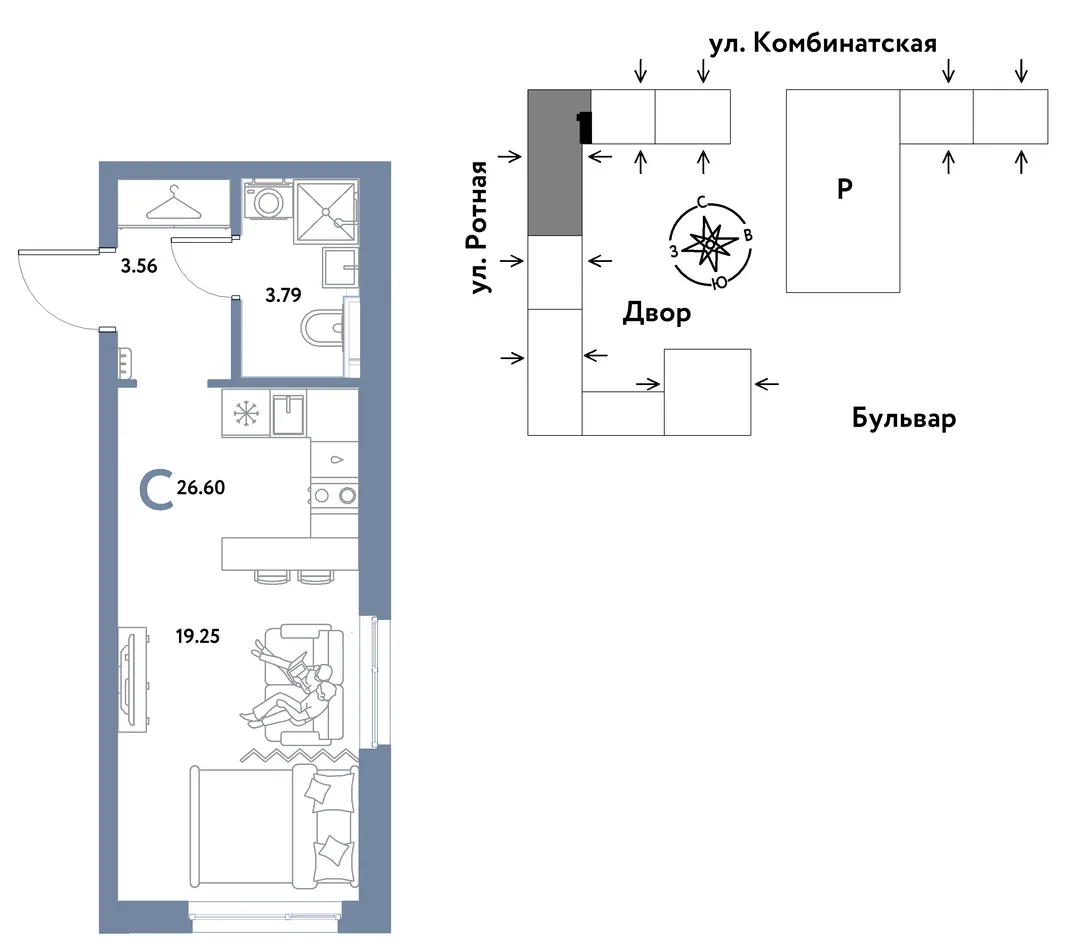Планировка Студия, 26.47 м² ЖК «Уральский сад»