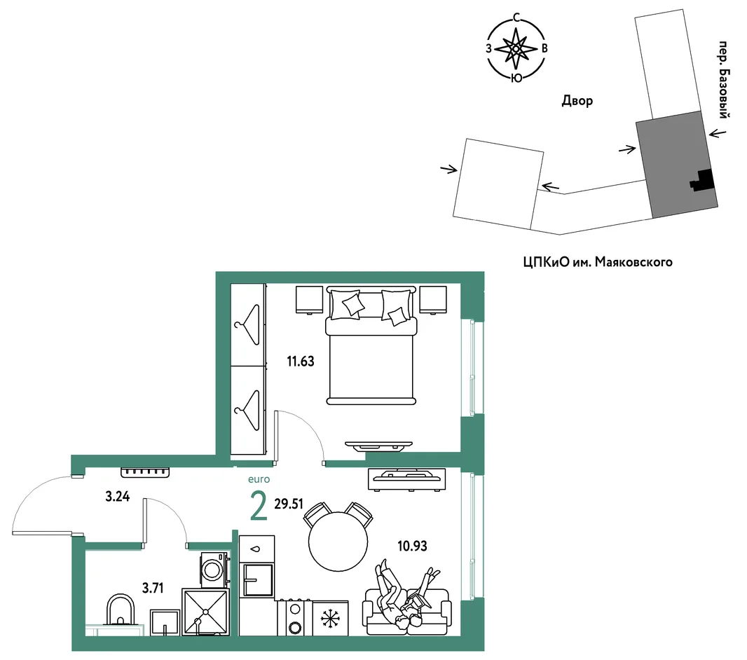 Планировка 2-комн. квартира, 29.51 м² ЖК «Сибирский сад»
