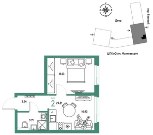 Планировка 2-комн. квартира, 29.51 м² ЖК «Сибирский сад»