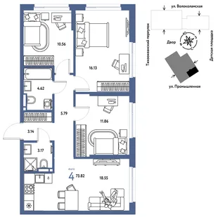 Планировка 4-комн. квартира, 73.82 м² ЖК «Страна Прибрежная»