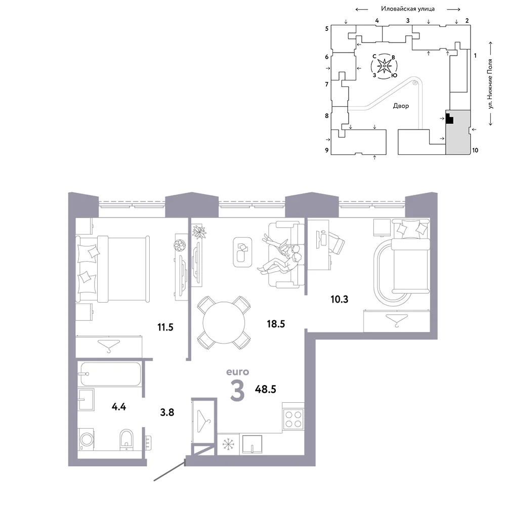 Планировка 3-комн. квартира, 48.5 м² ЖК «Страна.Заречная»