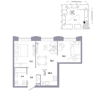 Планировка 3-комн. квартира, 48.5 м² ЖК «Страна.Заречная»